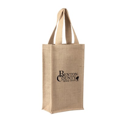 Reusable Eco-friendly Jute Burlap 2-Bottle Wine Bag with Cotton Handles